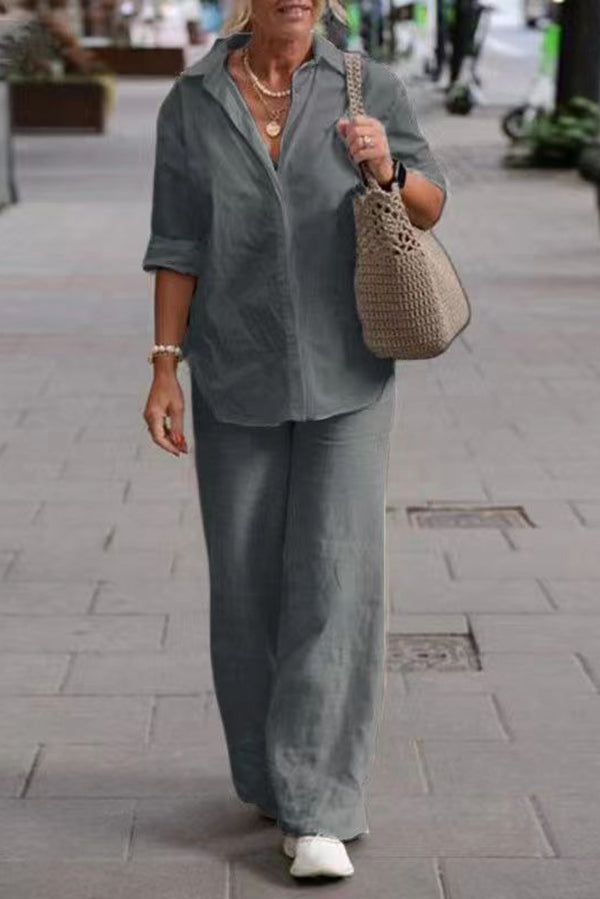 Solid Color Casual Long-sleeved Shirt and Elastic Waisted Loose Wide-leg Pants Set