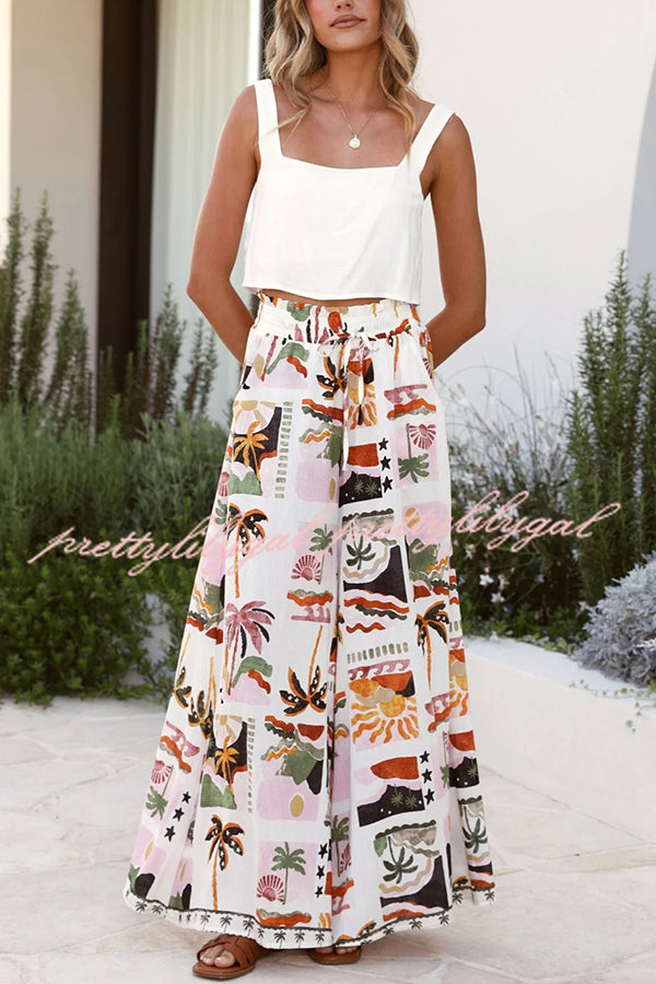 Holiday Style Holiday Print Casual Short-sleeved Shirt and Elastic Waist Loose Pocket Wide-leg Pants Set