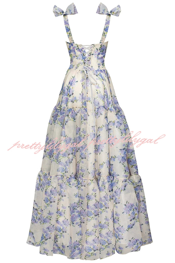 Fairytale Itself Organza Floral Print Tie Strap Maxi Dress