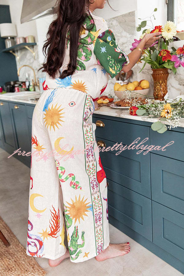 Bohemian Beauty Unique Print Short Sleeve Loose Shirt and Elastic Waist Pants Set