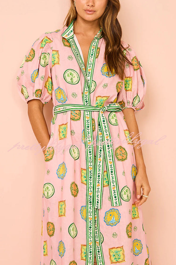 Orla Unique Print Balloon Sleeves Printed Belt Pocket Midi Dress