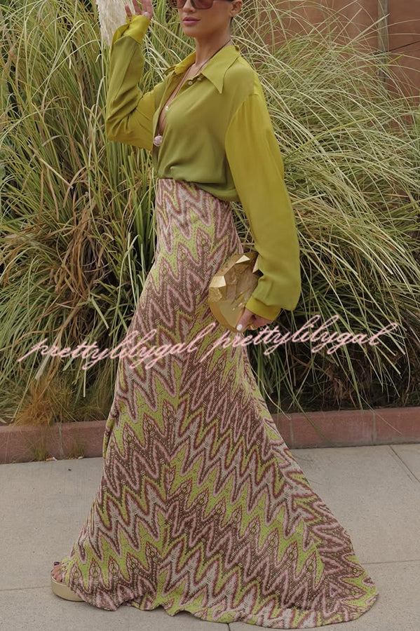 Moonlit Waltz Knit Jacquard Zigzag Print High Rise Stretch Flare Maxi Skirt