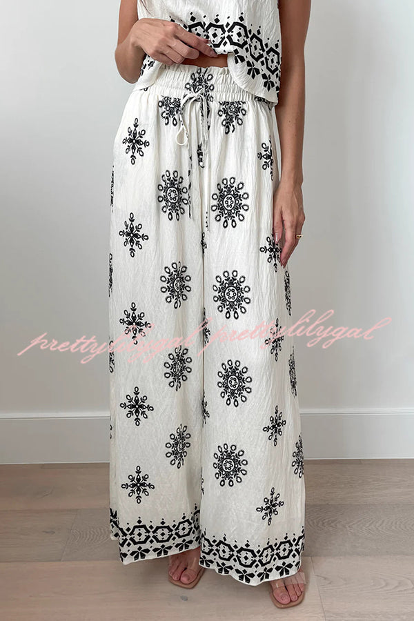 Unique Printed Round Neck Sleeveless Button Top and Elastic Waist Pocket Wide Leg Pants Set