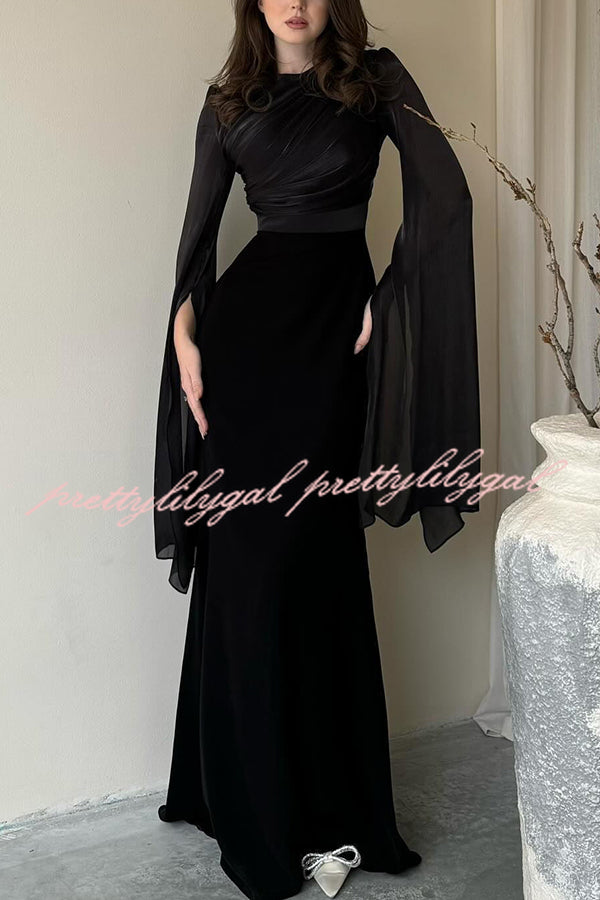 Liora Ruched Organza and Satin Patchwork Design Long Bell Slit Sleeve Maxi Dress