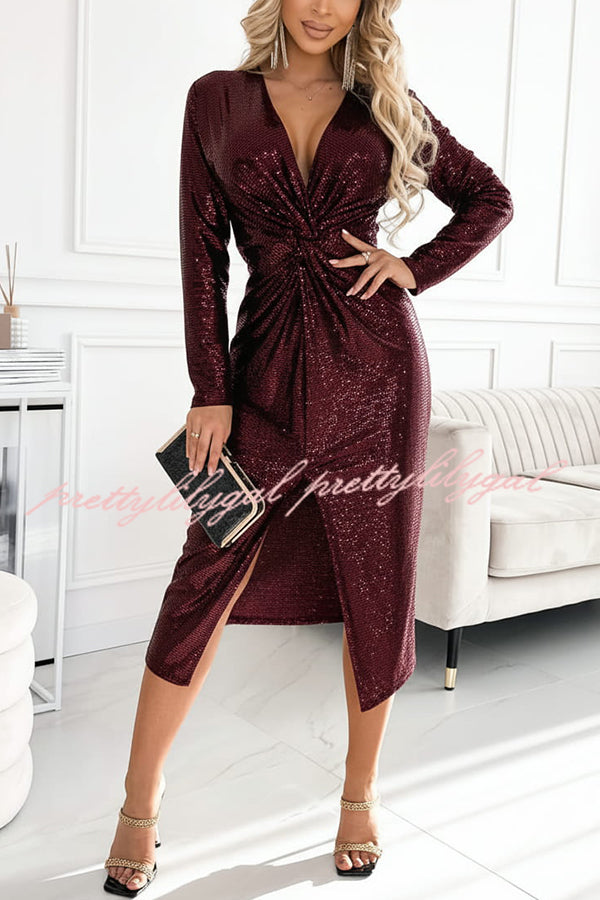 Coralia Sequin V-neck Long Sleeve Twist Waist Front Slit Midi Dress