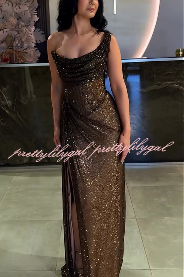 Glitzy Gala Glitter Fabric One Shoulder Ruched Slit Maxi Dress