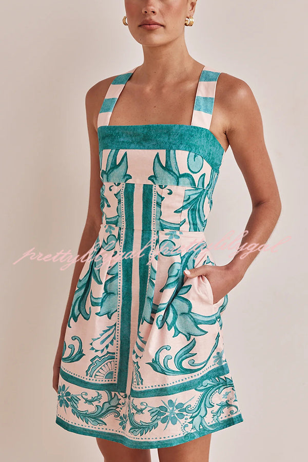 Channeling Summer Linen Blend Unique Print Wide Strap Pocketed Mini Dress