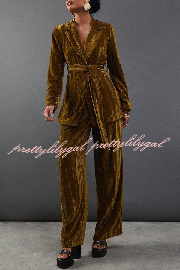 Solid Color Velvet Long-sleeved Waist Tie Top and Elastic Waist Casual Pocket Straight-leg Pants Set