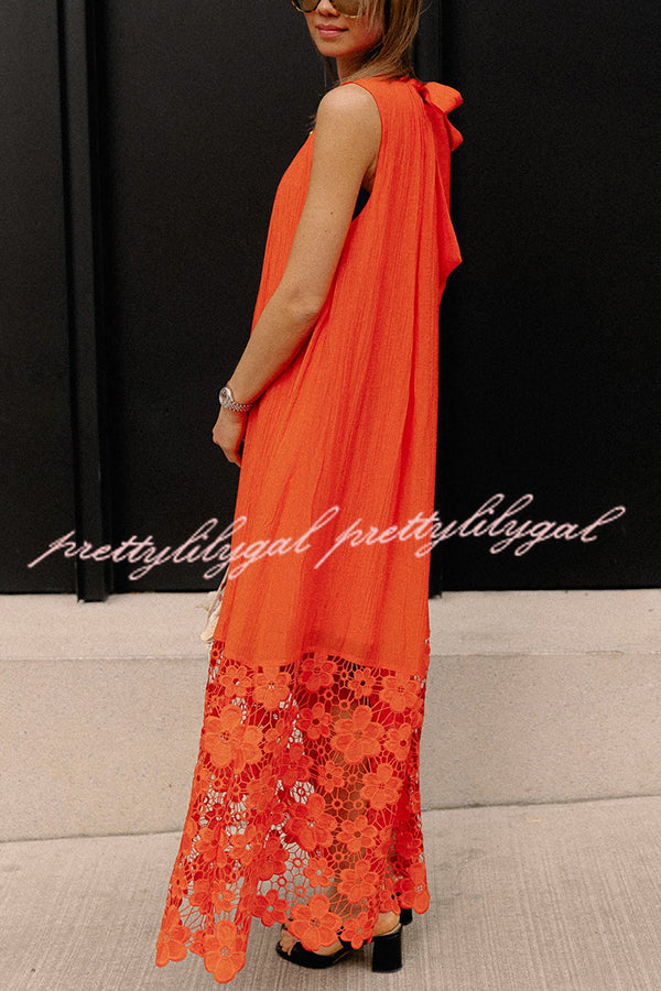 Breezy Comfort Tie-up Neck Sleeveless Floral Lace Hem Maxi Dress