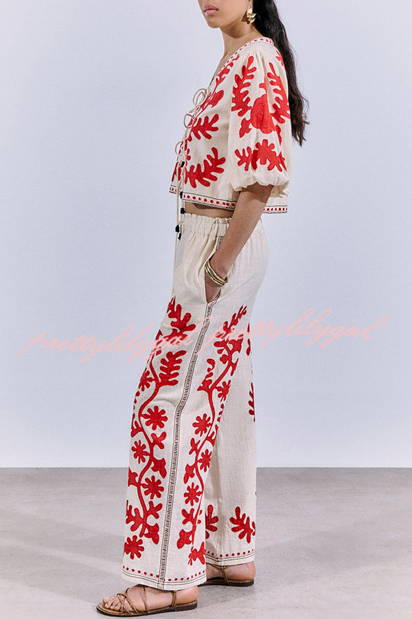 Till Sunset Linen Blend Unique Print Elastic Waist Pocket Wide Leg Pants