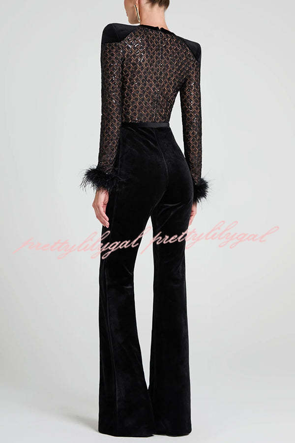 Monique Fish Scale Lace Sequin Velvet Patchwork Feather Trim Stretch Flare Jumpsuit Belted