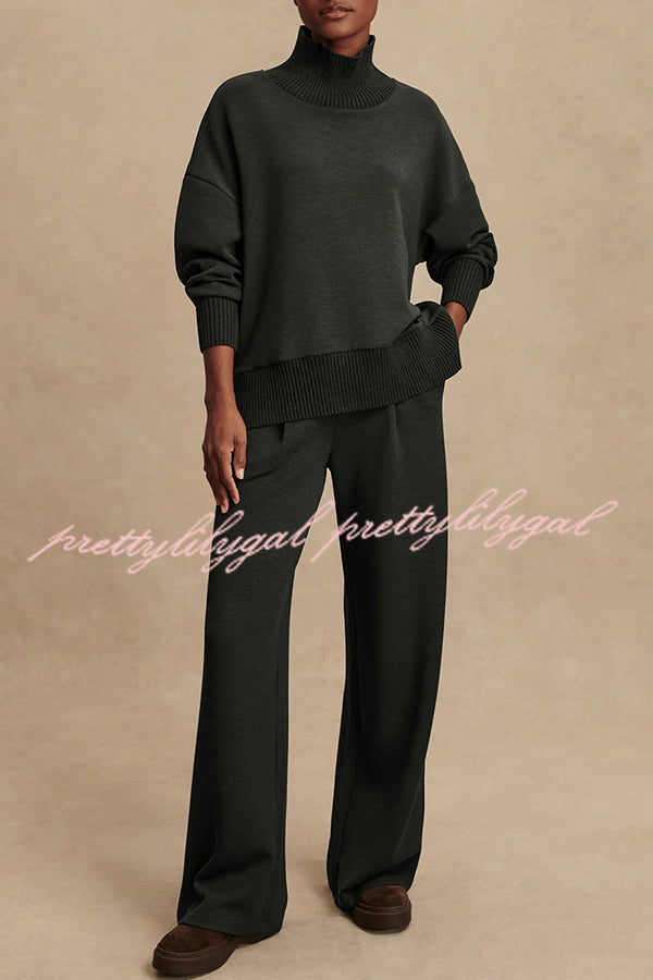 Barker High-Neck Long Sleeve Side Zipper Sweatshirt and Elastic Waist Pocketed Loose Pants Set