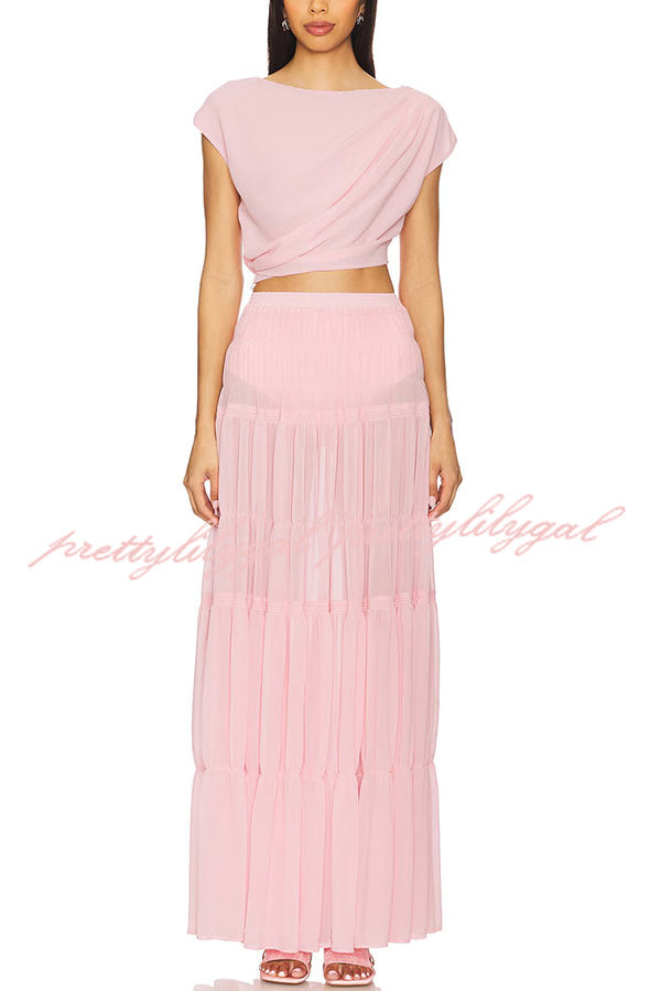 Stunning Chiffon Ruched Shoulder Short Sleeve Crop Top