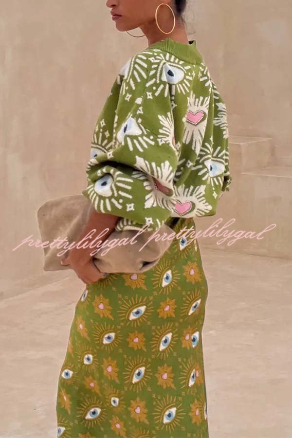 Mysterious Magic Knit Eye Heart Pattern Button Up Long Sleeve Loose Cardigan