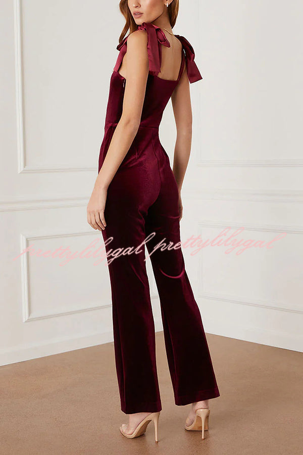 Merlot Sippin' Velvet Shoulder Tie Flare Stretch Jumpsuit