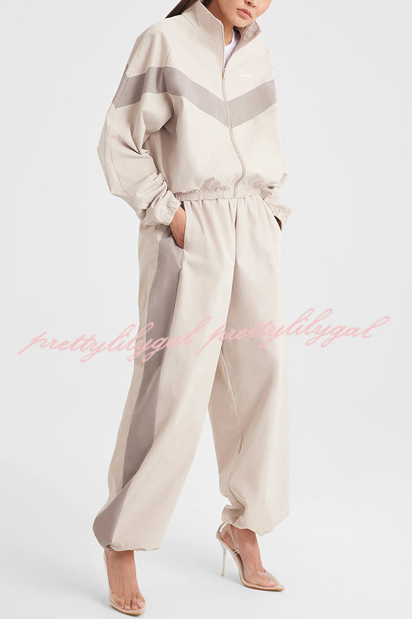 Fashionable Contrasting Long-sleeved Loose Coat and Elastic Waist Wide-leg Pants Set