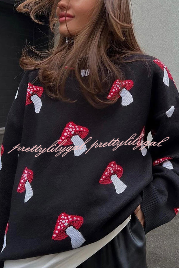 Mushroom Pattern Casual Loose Round Neck Knitted Sweater