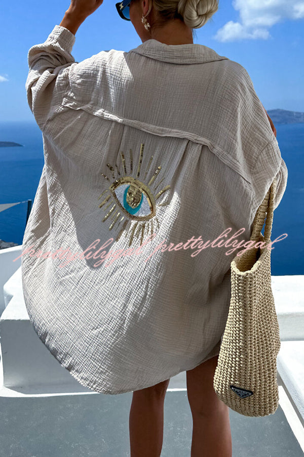 Summer Breeze Linen Blend Sequin Magic Eye Desig Oversized Relax Shirt