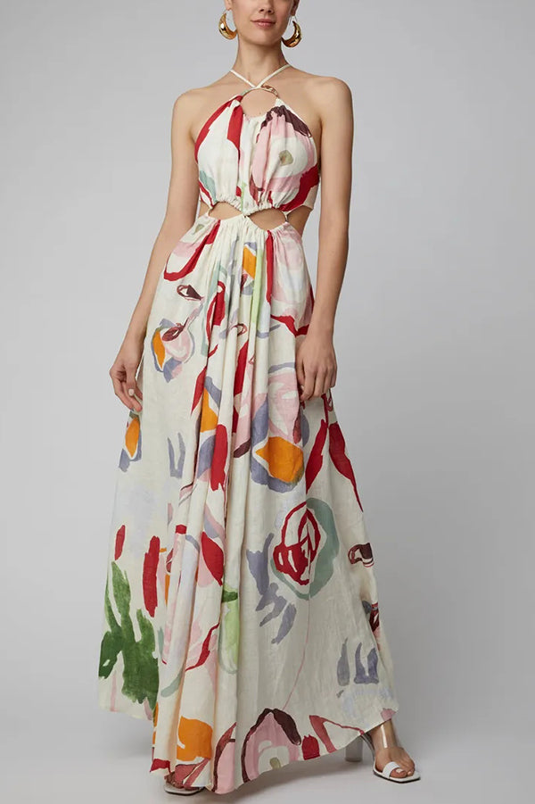 Unique Printed Cutout Backless Large Hem Maxi Dress