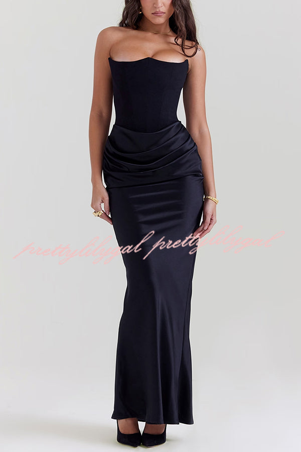 Attend The Gala Strapless Corset Satin Ruched Hip Drape Maxi Dress