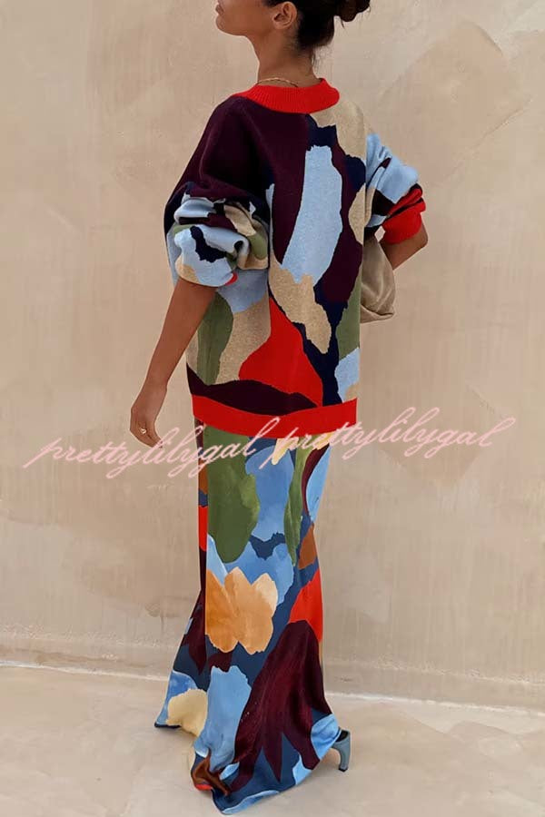 Bright and Bold Satin Abstract Color Blocks Print Elastic Waist Drape Maxi Skirt