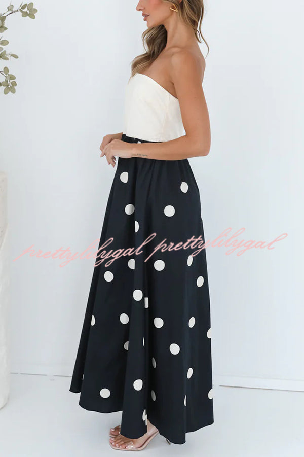 Fashion Polka Dot Print Tube Top Spliced Maxi Dress