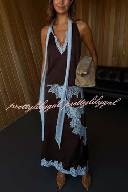 Sunday Social Contrast Color Satin Lace Trim Mid Rise Maxi Skirt
