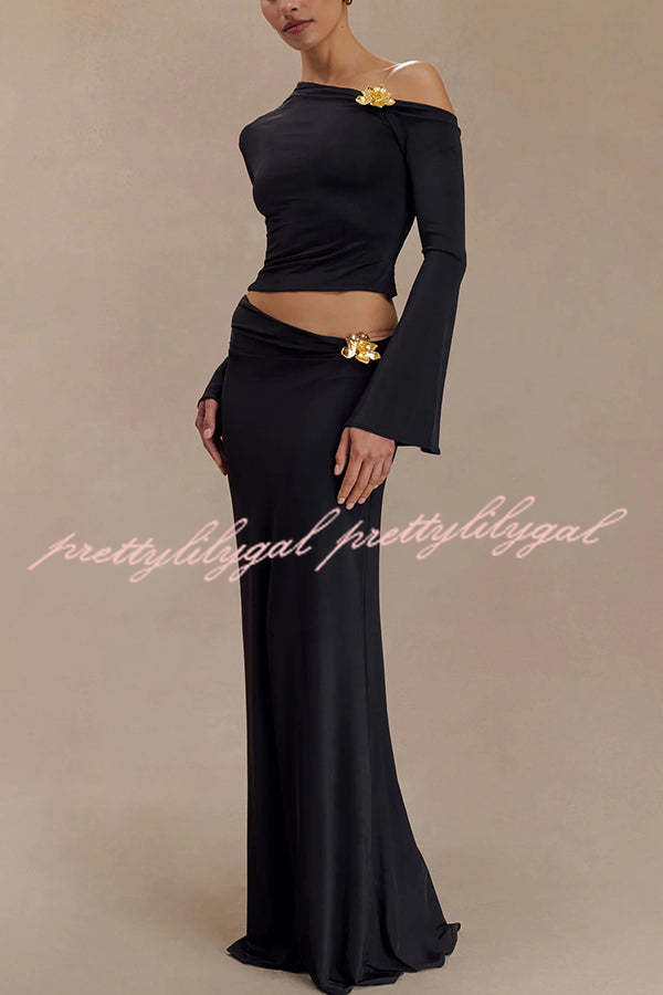 Ainsley Floral Hardware Asymmetrical Long Sleeve Stretch Top and Mid Rise Maxi Skirt Set