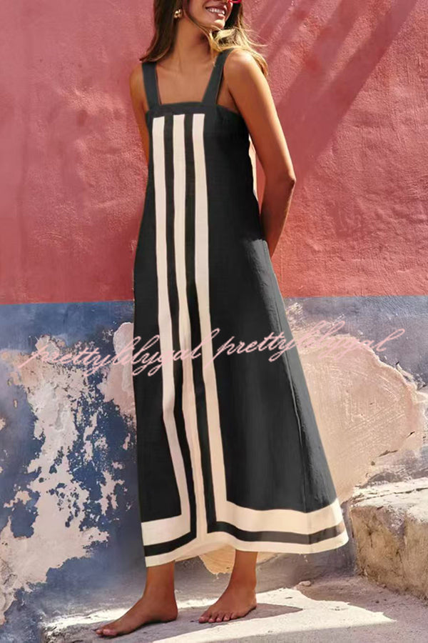 Striped Print Resort Style Casual Sling Maxi Dress