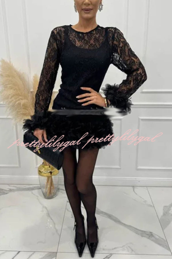 Alyssa Lace Fabric Tulle Layered Petals Trim Long Sleeve Mini Dress