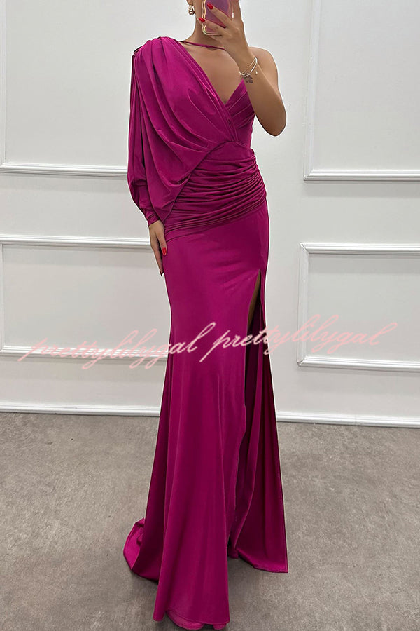 Like Venus One Shoulder Bat Sleeve Ruched Detail Slit Gown Maxi Dress