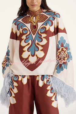 Bohemian Dreams Unique Print High Neck Feather Trim Bell Sleeve Top