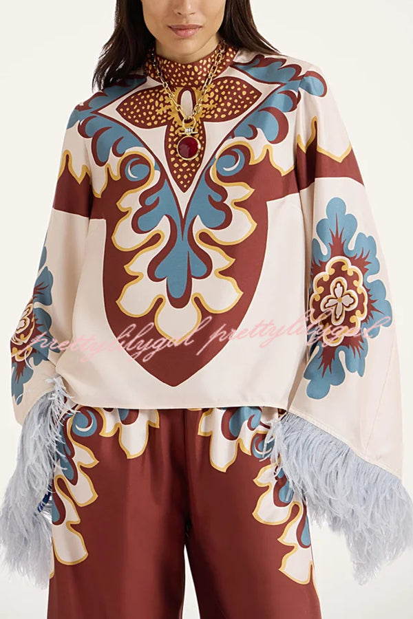 Bohemian Dreams Unique Print High Neck Feather Trim Bell Sleeve Top