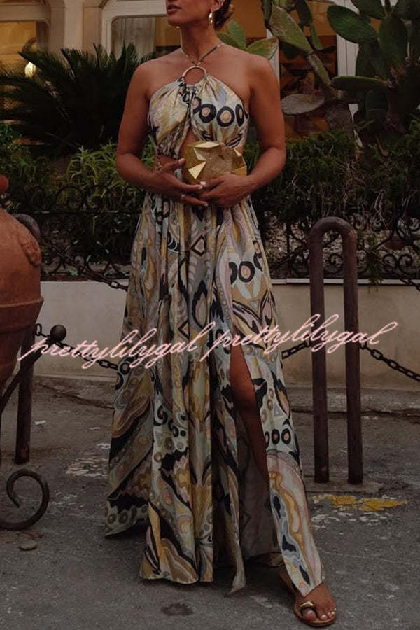 Vacation Feelings Unique Print Halter Ring Cutout Slit Maxi Dress