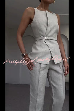Tylah Linen Blend Square Neck Belted Vest and High Rise Pocket Loose Tapered Trousers Set