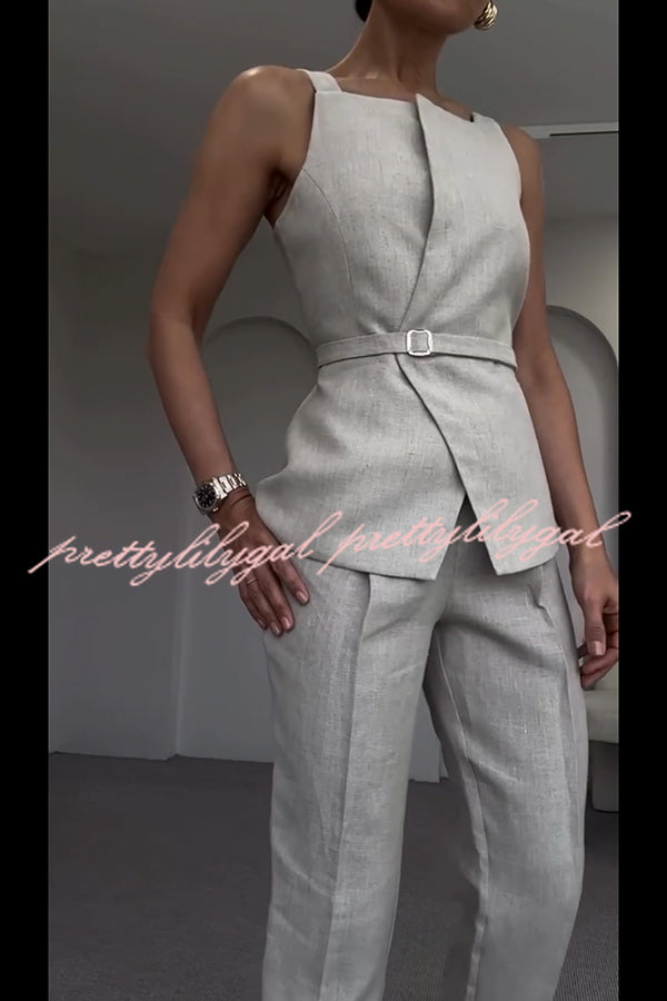 Tylah Linen Blend Square Neck Belted Vest and High Rise Pocket Loose Tapered Trousers Set