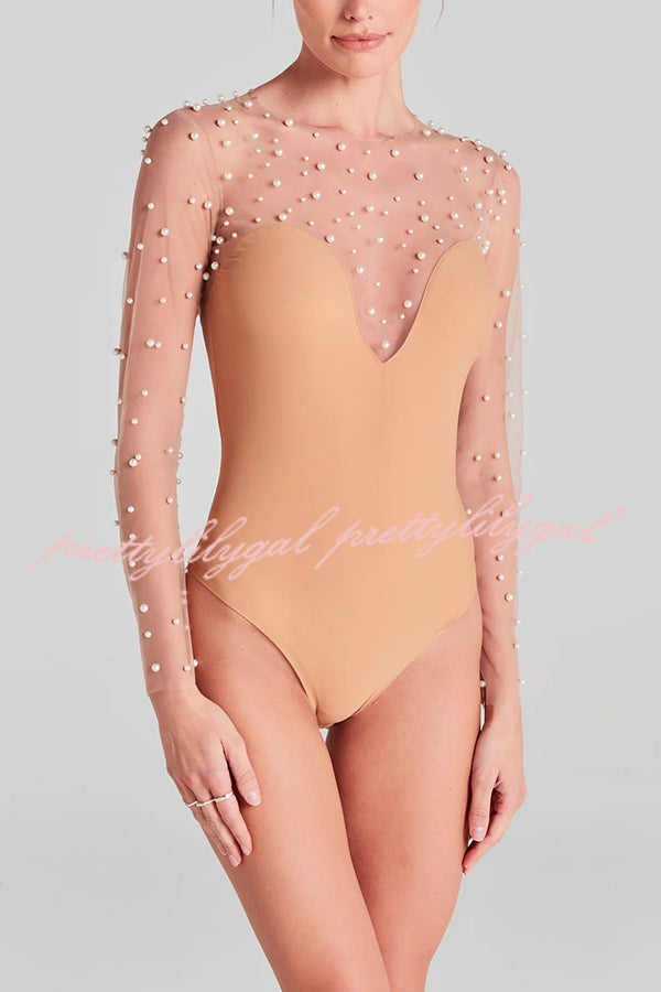 Romantic Mesh Pearl Embellished Long Sleeve Stretch Bodysuit