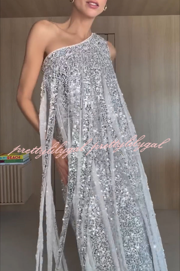Holiday Muse Sequined Slit Tassels One Shoulder H-line Maxi Dress