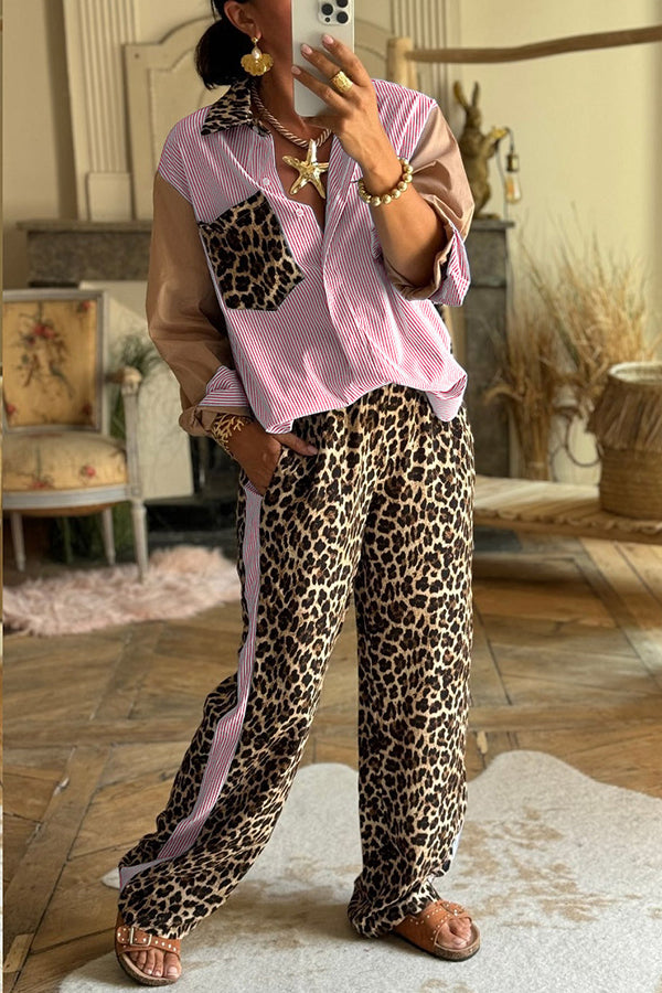 Leopard Print Patchwork Long-sleeved Loose Shirt and Elastic Waist Casual Pocket Wide-leg Pants Set