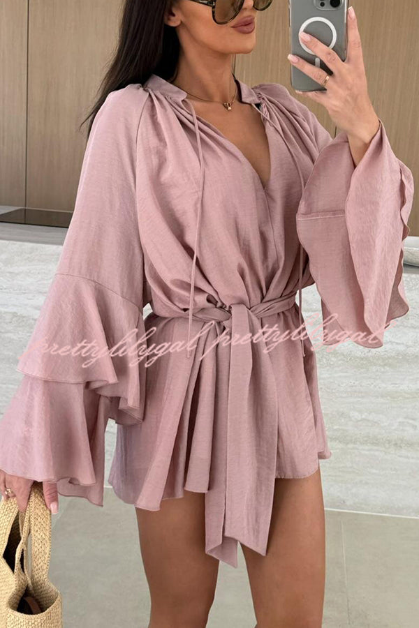 Solid Color V-neck Ruffled Long Sleeve Waist Tie Mini Dress