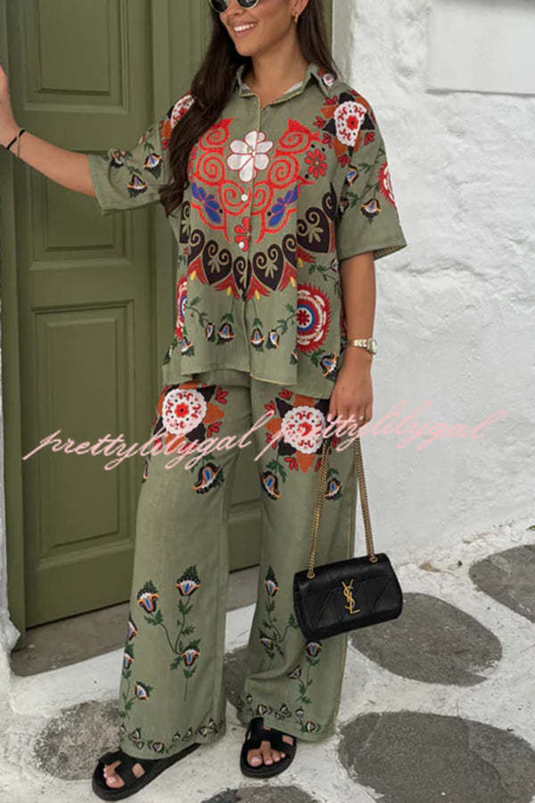 Fiji Ethnic Unique Printed Casual Shirt and Elastic Waist Wide Leg Pants Set