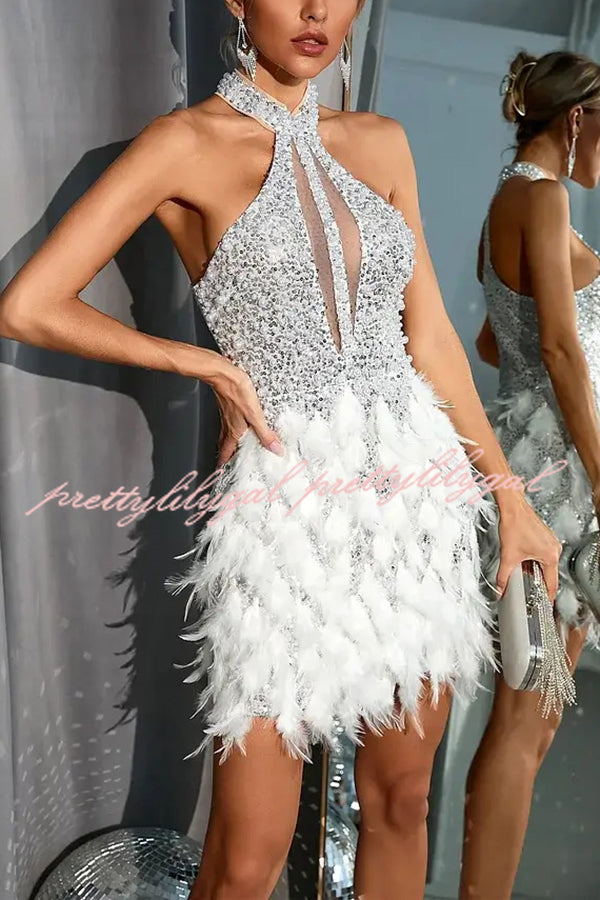 Stylish Sequined Sleeveless Feather-embellished Slim-fit Mini Dress