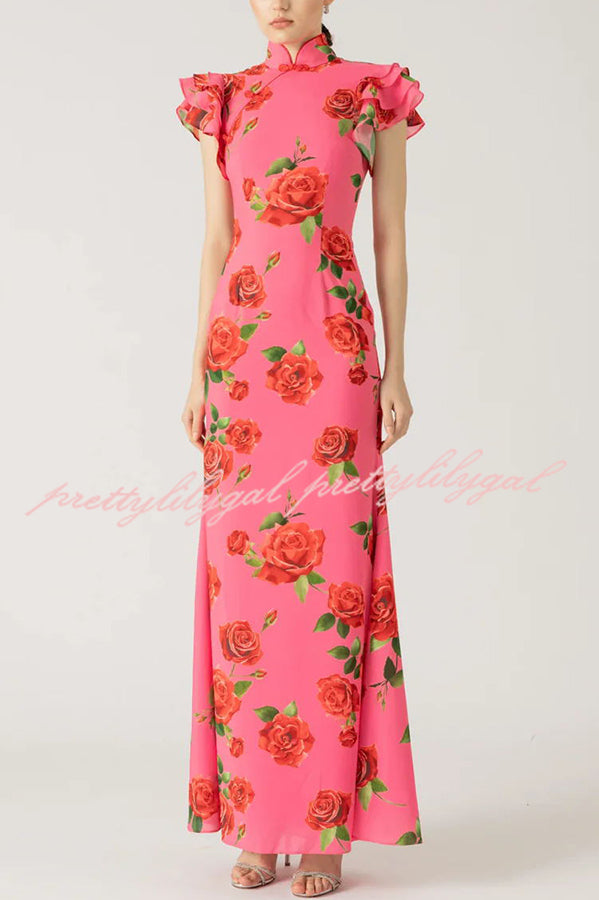 Cheongsam Style Rose Floral Print Tiered Flare Sleeve Stretch Maxi Dress