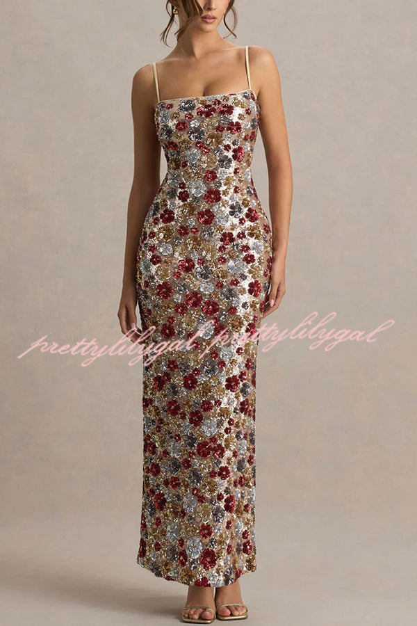 The Center of Attention Floral Print Sequin Square Neck Slip Stretch Maxi Dress