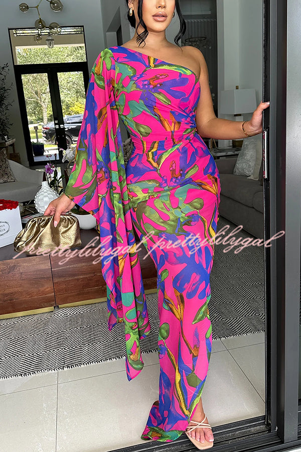 Colorful Printed One-sleeve Slim-fitting Slit Maxi Dress