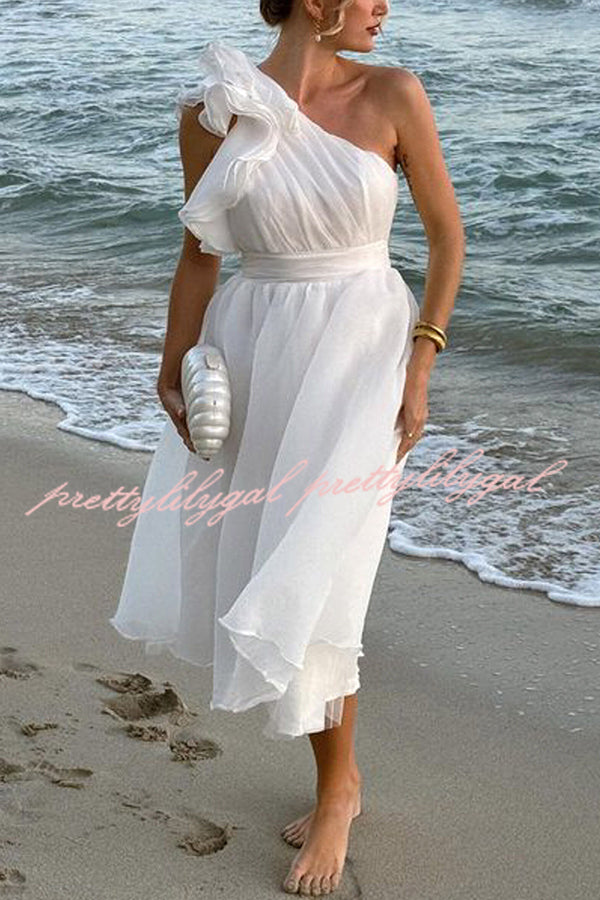 Romantic Seaside One Shoulder Frill Detail Sleeve Layered Midi Dress