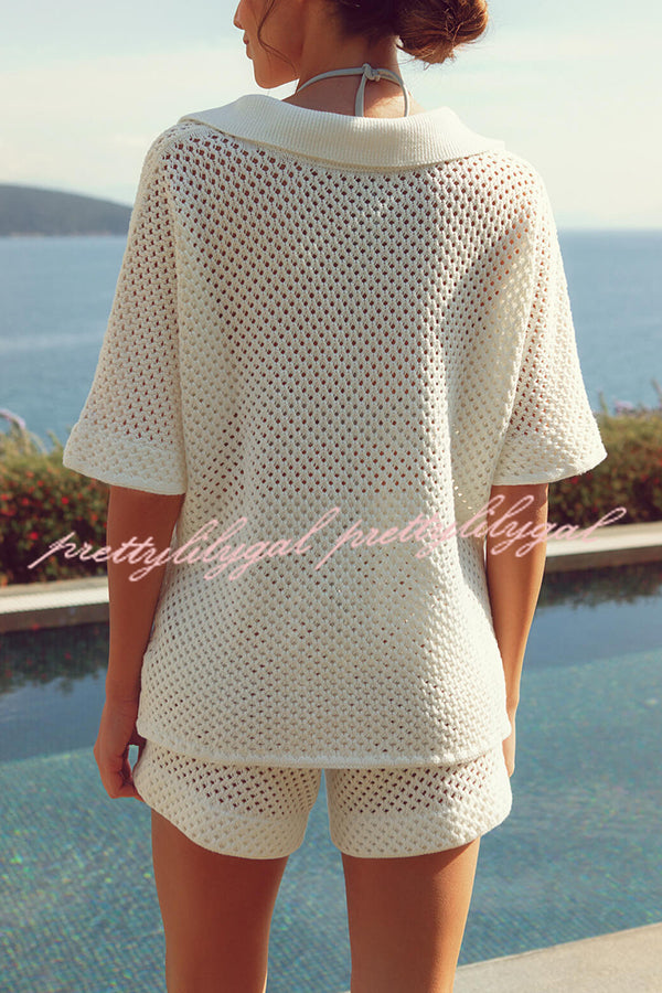 Fashion Hollow V-neck Short-sleeved Top and Elastic Waist Casual Shorts Set