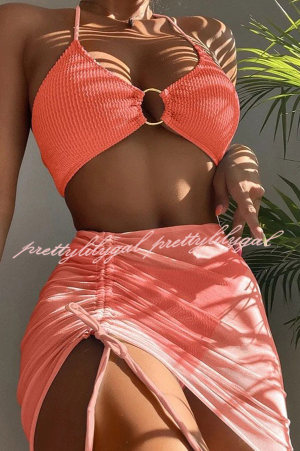 Commuting Style Suspender Pleated Hoop Three Pieces Swimsuit Set