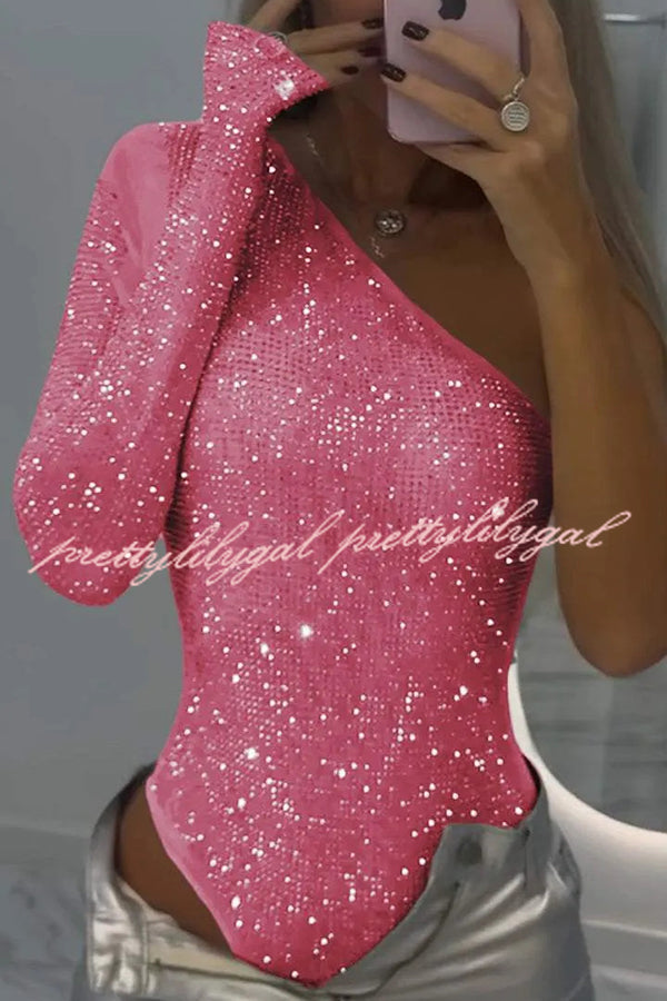 Solid Color Sequined One-shoulder Slim-fit Rompers