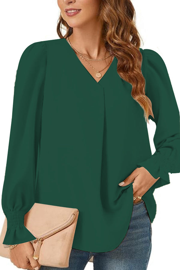 Solid Color V-neck Elastic Cuffs Long-sleeved Loose Top